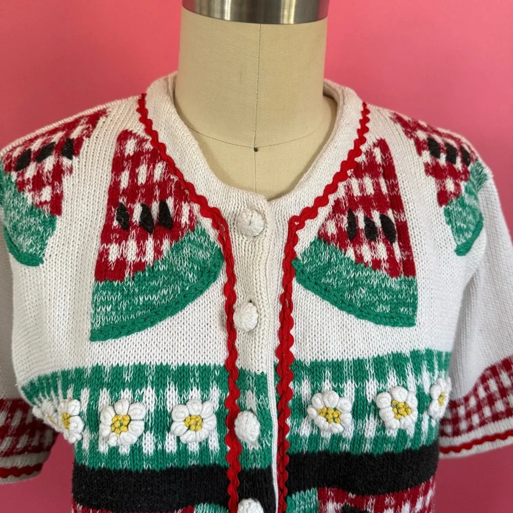 Vintage 80s/90s Watermelon Picnic CottageCore Knitted Short Sleeve Cardigan S - Picture 3 of 11